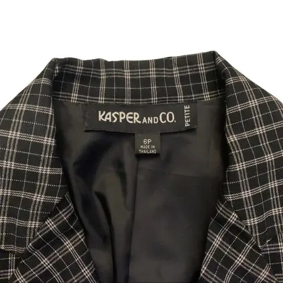 Vintage Kasper Black White Plaid Blazer 6 Petite Jacket Sport Coat Jacket Retro - Picture 3 of 6